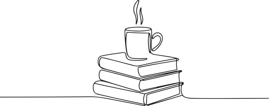Single continuous line drawing of stack of books with a mug of coffee above on library desk. Business and education concept. one line Icon drawing