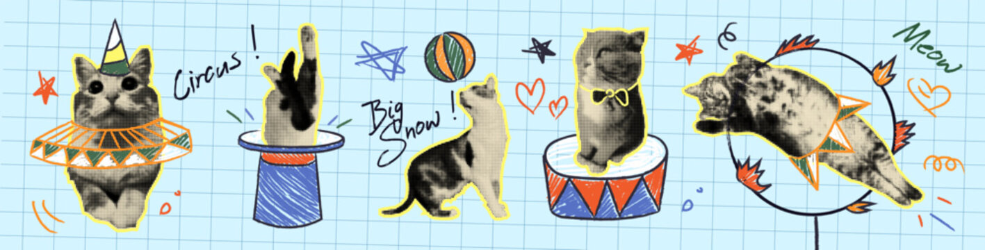 Halftone doodle circus cats on grid bg. Vector realistic illustration of funny pet memes, cute kittens playing with hand drawn jabot collar and mask, color podium, jumping through a ring, stickers set
