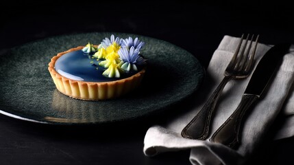 Detailed macro image of a lemon tart dessert with creamy filling and crisp crust. Fresh citrus zest and clean minimalist styling highlight gourmet pastry photography in natural daylight.