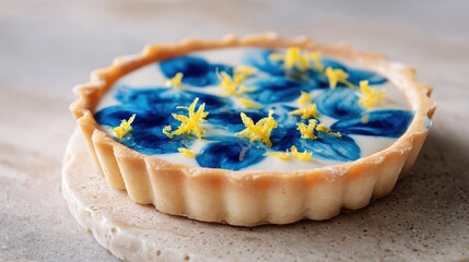 Elegant lemon tart dessert featuring vivid blue cream and citrus zest patterns. Contemporary gourmet pastry image ideal for restaurant visuals, packaging, and food marketing.