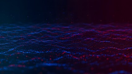 Futuristic abstract digital landscape featuring flowing waves of blue and red glowing particles against a dark background.