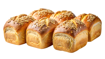 Four golden brown bread rolls with sesame seeds isolated on a transparent background baked