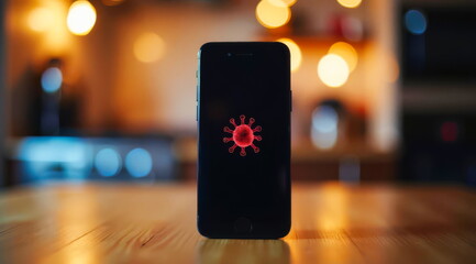 a virus symbol on a smartphone with the screen off, located on a table in a room