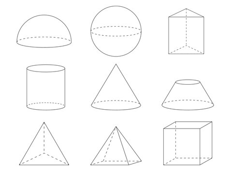 様々な図形のベクターイラストセット。数学の体積の試験問題に適した透過された立体形状