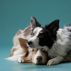 Two border collies are lying on the floor, resting their heads on each other. Their fluffy fur and calm expressions create a peaceful scene.
