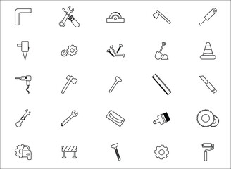 Black vector set of tools icons featuring a seamless sketch pattern for web design illustration