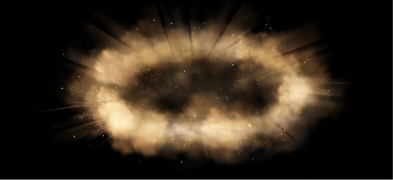 Brown dust explosion effect on black background. Vector realistic illustration of circular smoke cloud with flying sand and stone particles, mud splash after strong blast, game ui design element