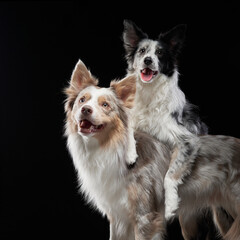 A black and white border collie jumps high with enthusiasm, ears perked up. The dark background emphasizes its energetic motion.