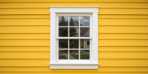Yellow Wooden House Siding Close Up Window Close-up side view of a house exterior showing textured yellow horizontal wooden siding