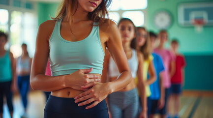 At school, during physical education class, a girl stands in a row with her classmates and holds her stomach in pain.