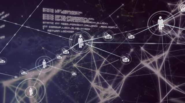 Animation of connected icons, connected dots and computer language over black background