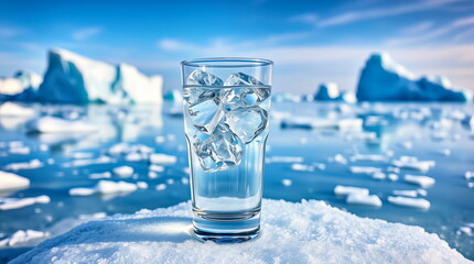 A glass of clean water with ice stands on the ground in the Arctic with good weather