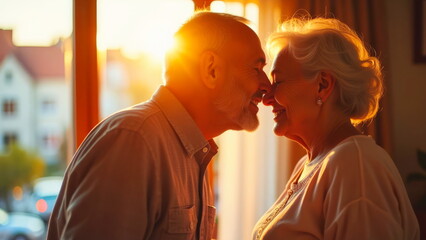 Happy grandfather hugs his wife at home
