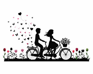 Obraz premium Couple riding bicycle together in love with hearts and flowers