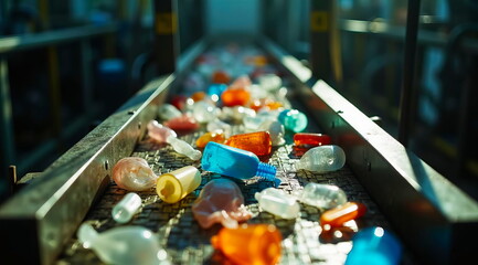 Plastic waste travels along a conveyor belt for recycling.