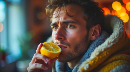 An anxious man eats a lemon while covered with a blanket at home while suffering from a cold.