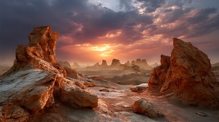 Fototapeta premium Dramatic Desert Rock Formations at Sunset with Golden Light Over Mystical Lake in Pakistan