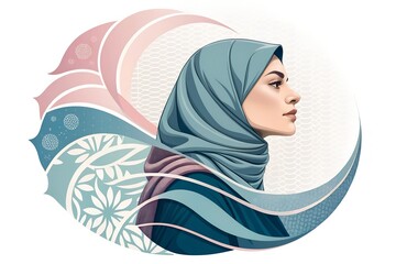 Elegant illustration portrait of a serene young muslim woman wearing a stylish blue hijab profile surrounded by abstract decorative pastel shapes