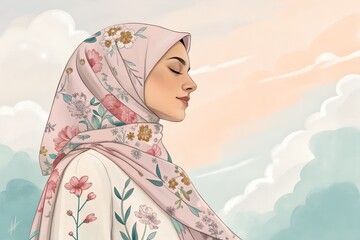 Beautiful illustration depicts a serene young muslim woman wearing a delicately patterned floral hijab while enjoying a peaceful moment gazing toward the soft pastel sky