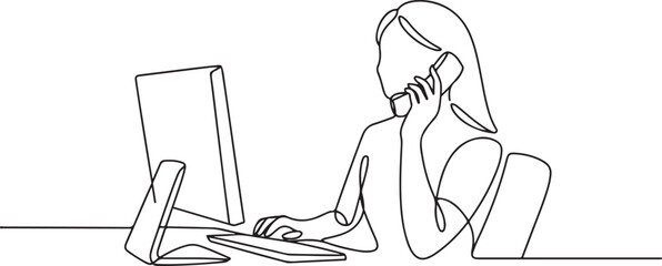 Single line drawing of young female call center worker sitting in front of computer and answering phone from customer. Customer service business concept. one line Icon drawing