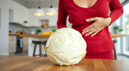 A woman in a red sweater holds her stomach with her hand from bloating, as if she is intolerant to the cabbage that is lying next to her in the kitchen.