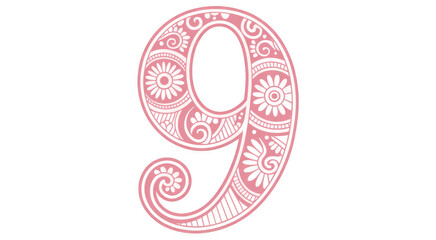 Fototapeta premium Decorative pink number nine with floral patterns decorative number isolated on a transparent background