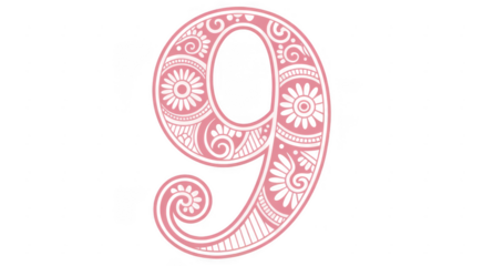 Decorative pink number nine with floral patterns decorative number isolated on a transparent background
