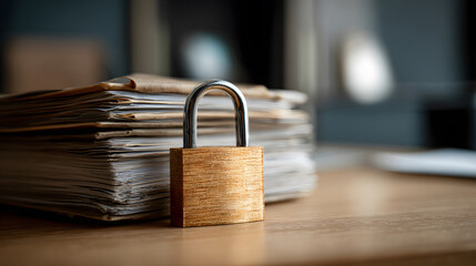 Confidential Documents Secured: Padlock Protecting Stack of Files on a Desk, Emphasizing Data Security and Privacy in a Business or Office Setting for Important Information