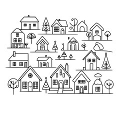 Fototapeta premium Picturesque holiday village line art | Clean, isolated vector art for creative projects.