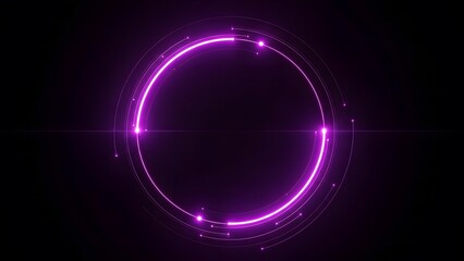 Abstract purple glowing neon circular light frame with digital data particles on a dark black background.