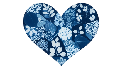 Heart shaped collage of cyanotype prints featuring botanical elements and delicate lace patterns