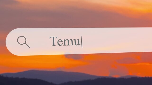 Typing in the search box for Temu while a sunset colors the sky. The view shows mountains and a lake as the search is done at evening time.