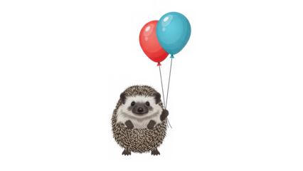 A friendly little hedgehog holding a pair of colorful balloons, ready for celebration isolated on transparent background