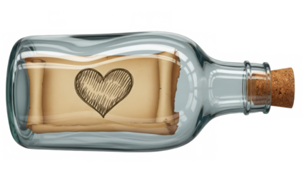 A glass bottle containing a heartfelt message or love note on aged paper, sealed with a cork isolated on transparent background