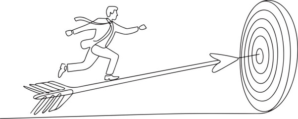 Obraz premium Single one line drawing businessman running on arrow to center of dartboard. Business Concept of targeting and customer. Company vision mission. one line Icon drawing