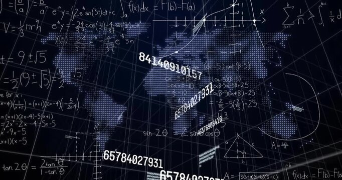 Upon starting dotted world map floating numeric strings updating over dark grid showing formulas