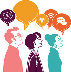 people thinking with communication icons above head