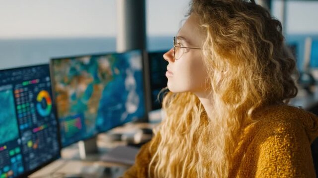 Senior Engineer Analyzing Environmental Impact Dashboard by the Ocean