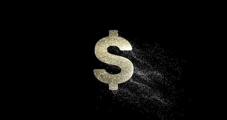 Gold usa dollar symbol with glittering falling particles, golden dust is drifting down from usd currency sign, footage
