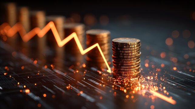 Financial Downturn: A Stark Visual Depiction of Economic Decline with Diminishing Coin Stacks and a Plunging Arrow Symbolizing Market Instability and Recession Risks