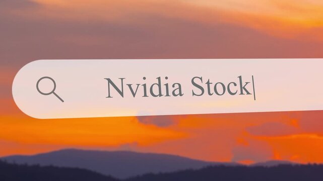 A close up view of a search box showing the text Nvidia Stock as the sun sets over a mountain landscape. Information is being searched in the address bar.