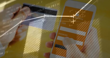Male hands holding card and hovering thumb over banking login form, starting pulsing data overlays - Powered by Adobe