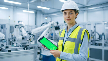 Technical Specialist Monitoring Automated Manufacturing Process with Tablet in Modern Factory
