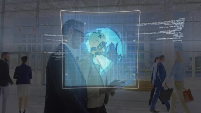 Two professionals walking lobby tapping tablet for tech briefing, charts morphing into 3D globe