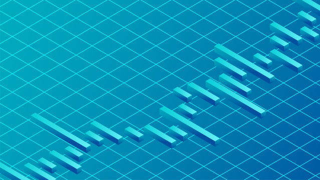 Abstract 3D bar graph on blue grid background, representing data analysis and financial growth