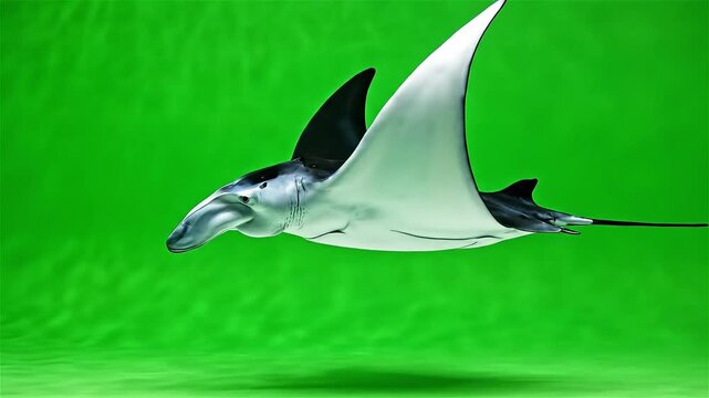 A manta ray swimming gracefully against a vibrant green background, showcasing its elegant form and powerful fins.