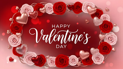 Happy Valentine’s Day Graphic with Pink Text Bubble, Hearts, Roses and Gemstones
