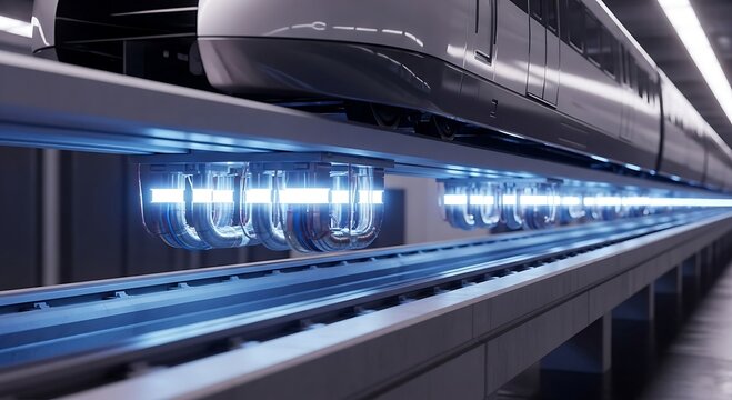 Futuristic Maglev Train Levitating Above Illuminated Tracks.