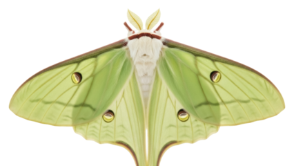 Isolated pale-green Luna moth with tail, large wings spread, insect with eyespots and antennae