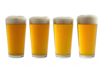 Four glasses of beer yellow liquid isolated on a transparent background